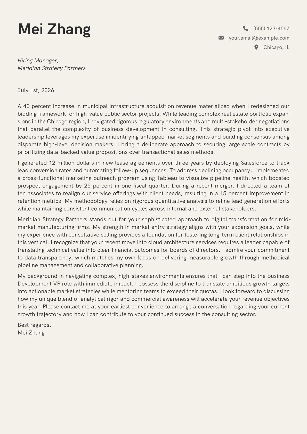Business Development VP cover letter in the Creative design