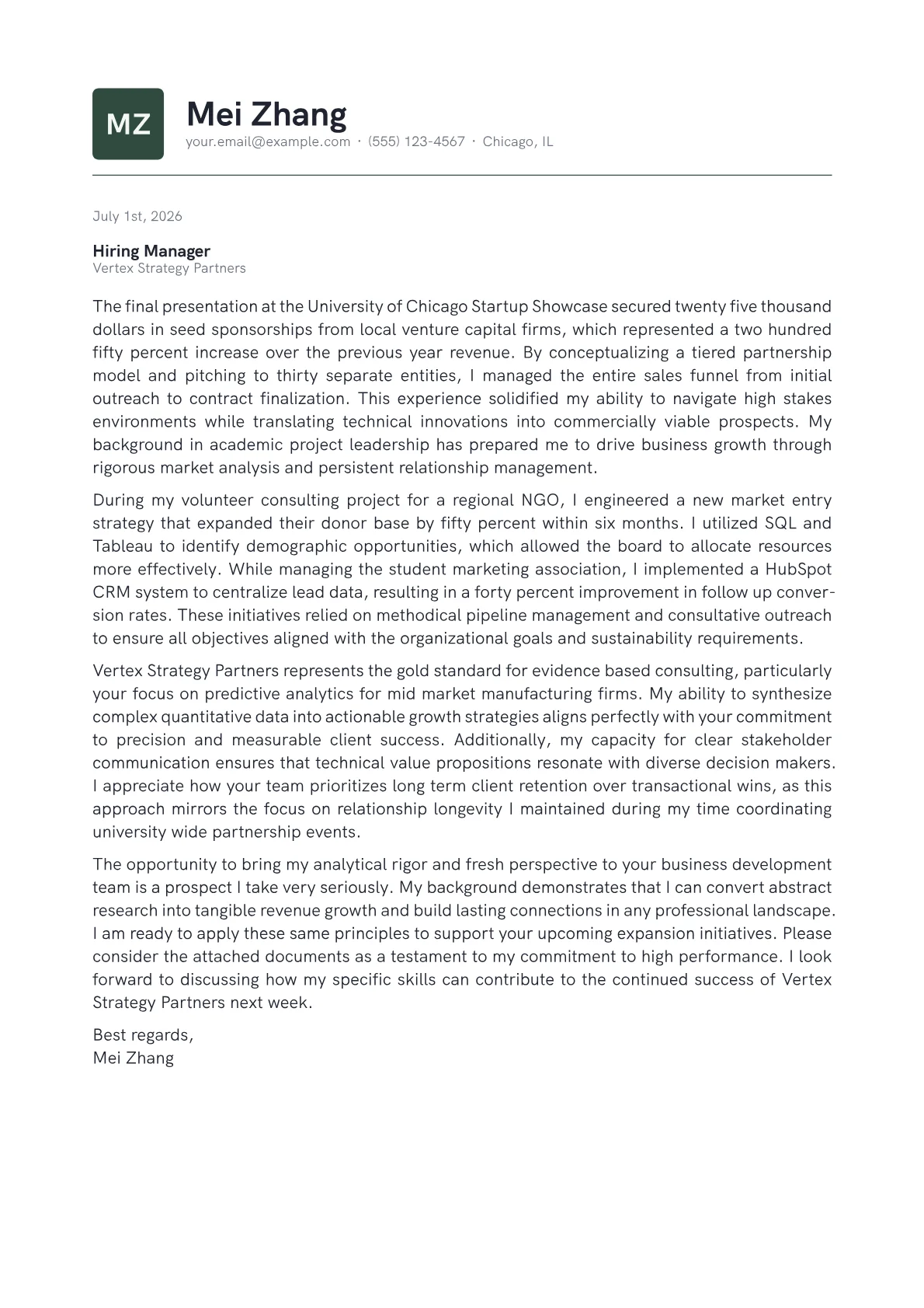 Business Development VP cover letter in the Emblem design