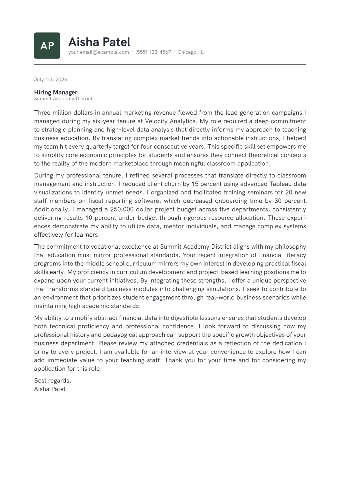 Business Education Teacher cover letter in the Emblem design