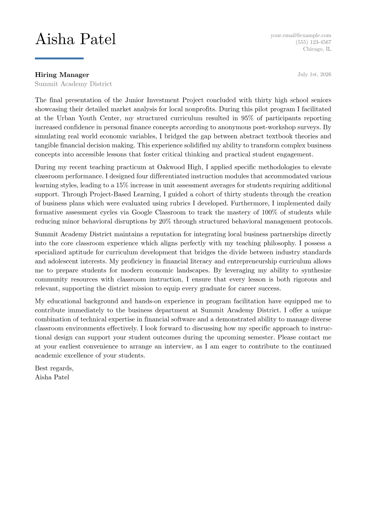 Business Education Teacher cover letter in the Executive design