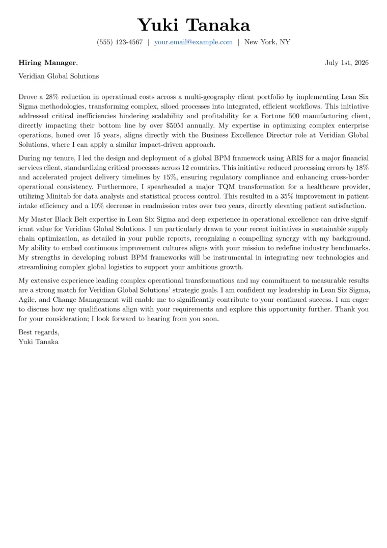 Business Excellence Director Cover Letter Example