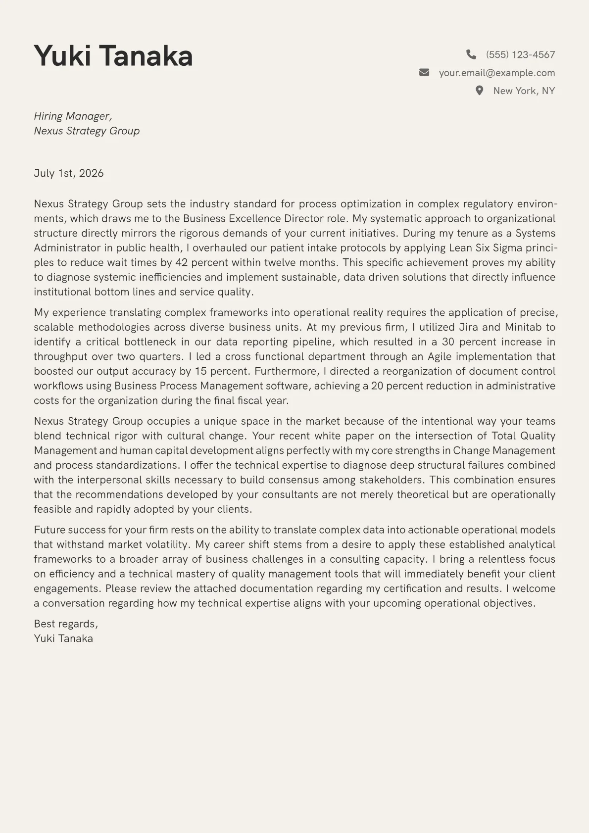 Business Excellence Director cover letter in the Creative design