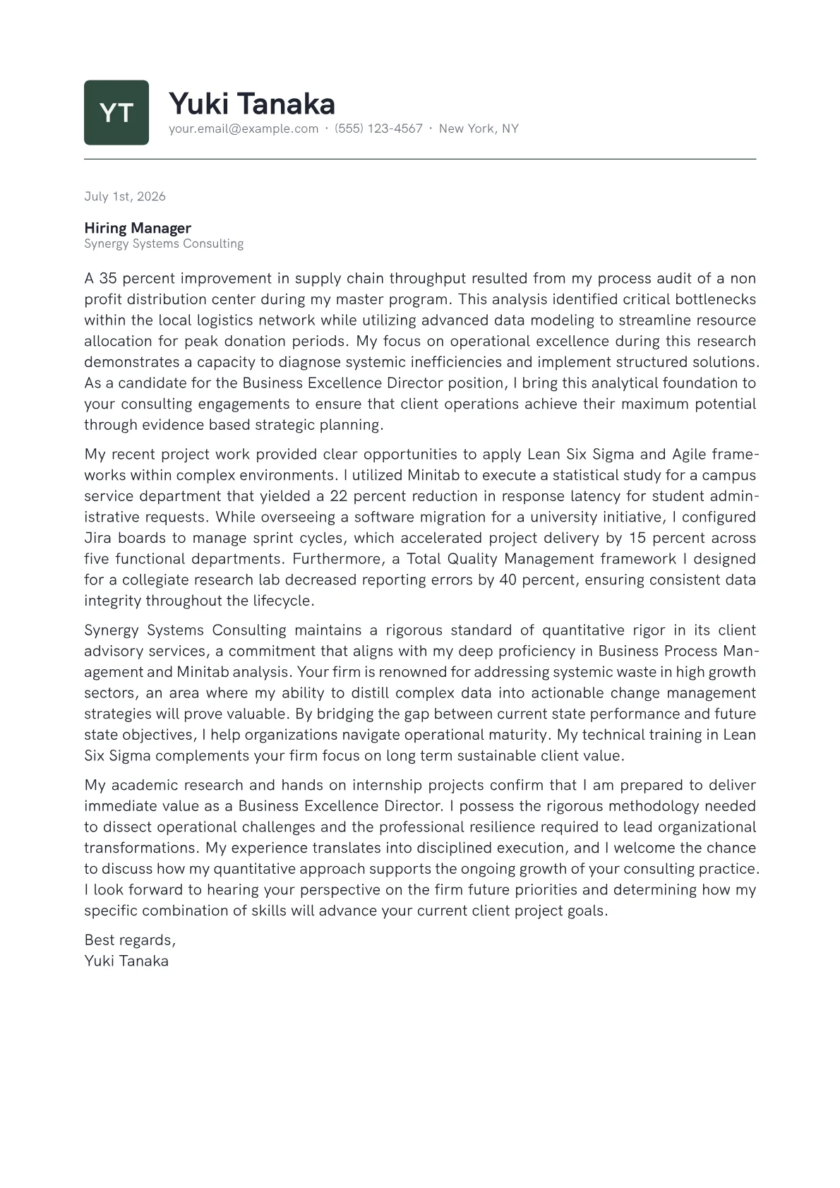 Business Excellence Director cover letter in the Emblem design