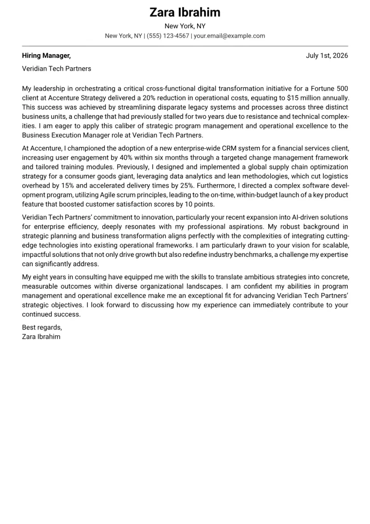 Business Execution Manager cover letter example preview