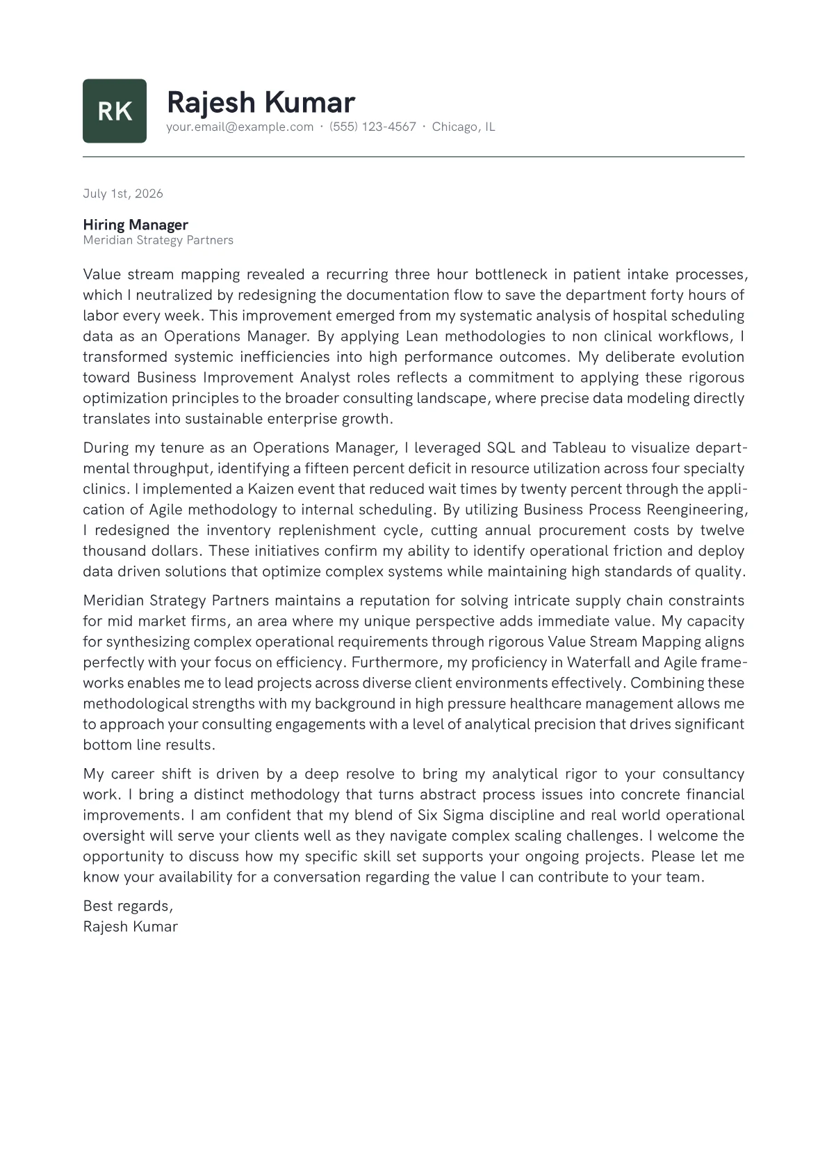 Business Improvement Analyst cover letter in the Emblem design