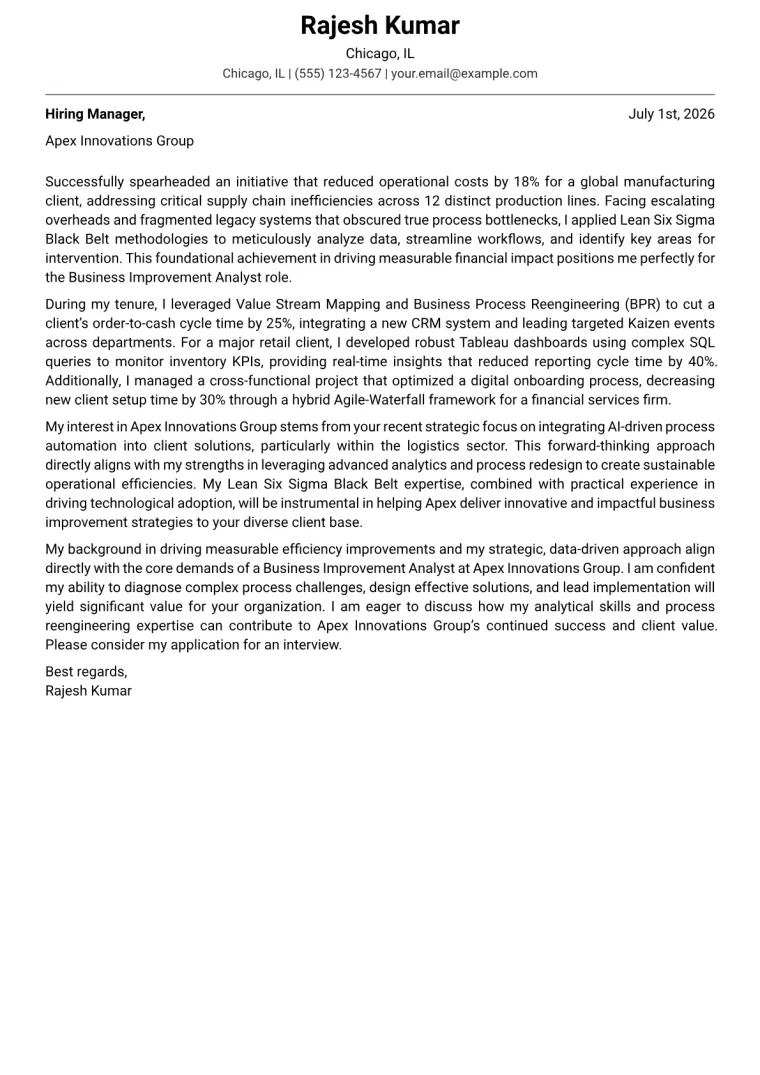 Business Improvement Analyst Cover Letter Example