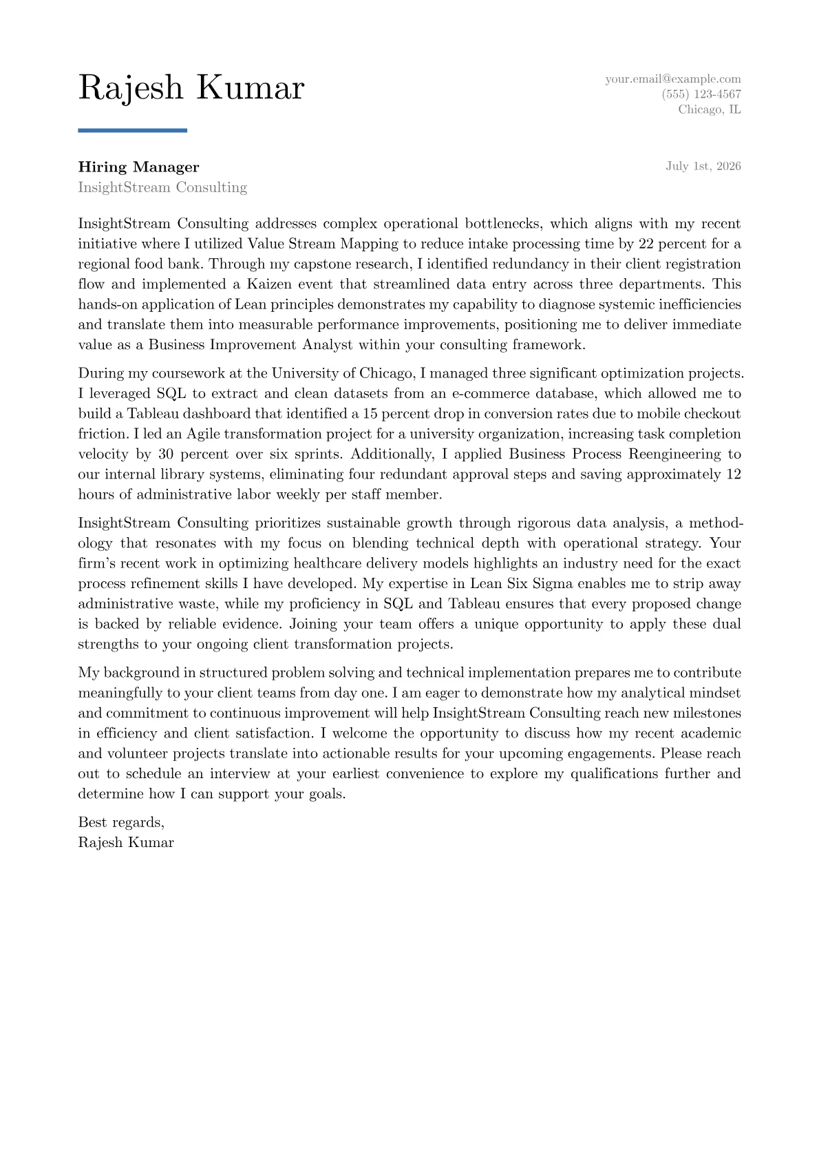 Business Improvement Analyst cover letter in the Executive design