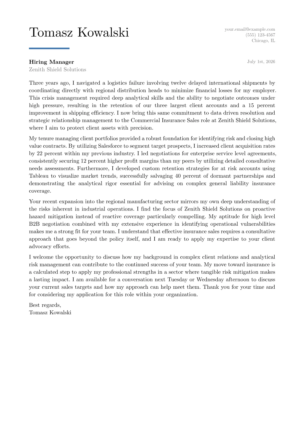Business Insurance Sales cover letter in the Executive design