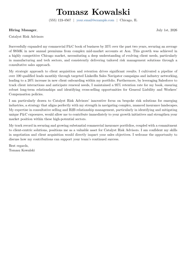 Business Insurance Sales Cover Letter Example