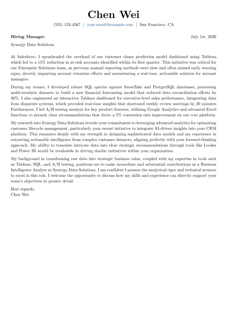 Business Intelligence Analyst cover letter example