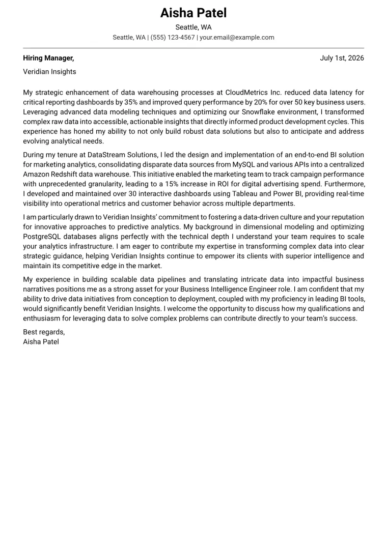 Business Intelligence Engineer Cover Letter Example (2026)