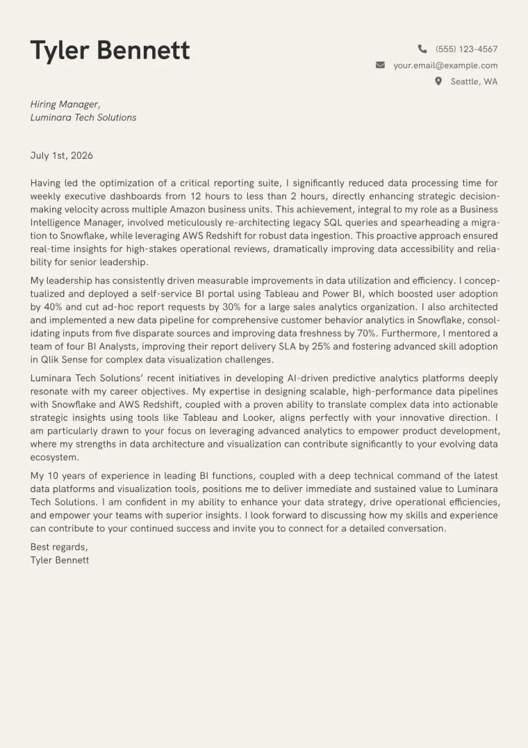Business Intelligence Manager Cover Letter Example