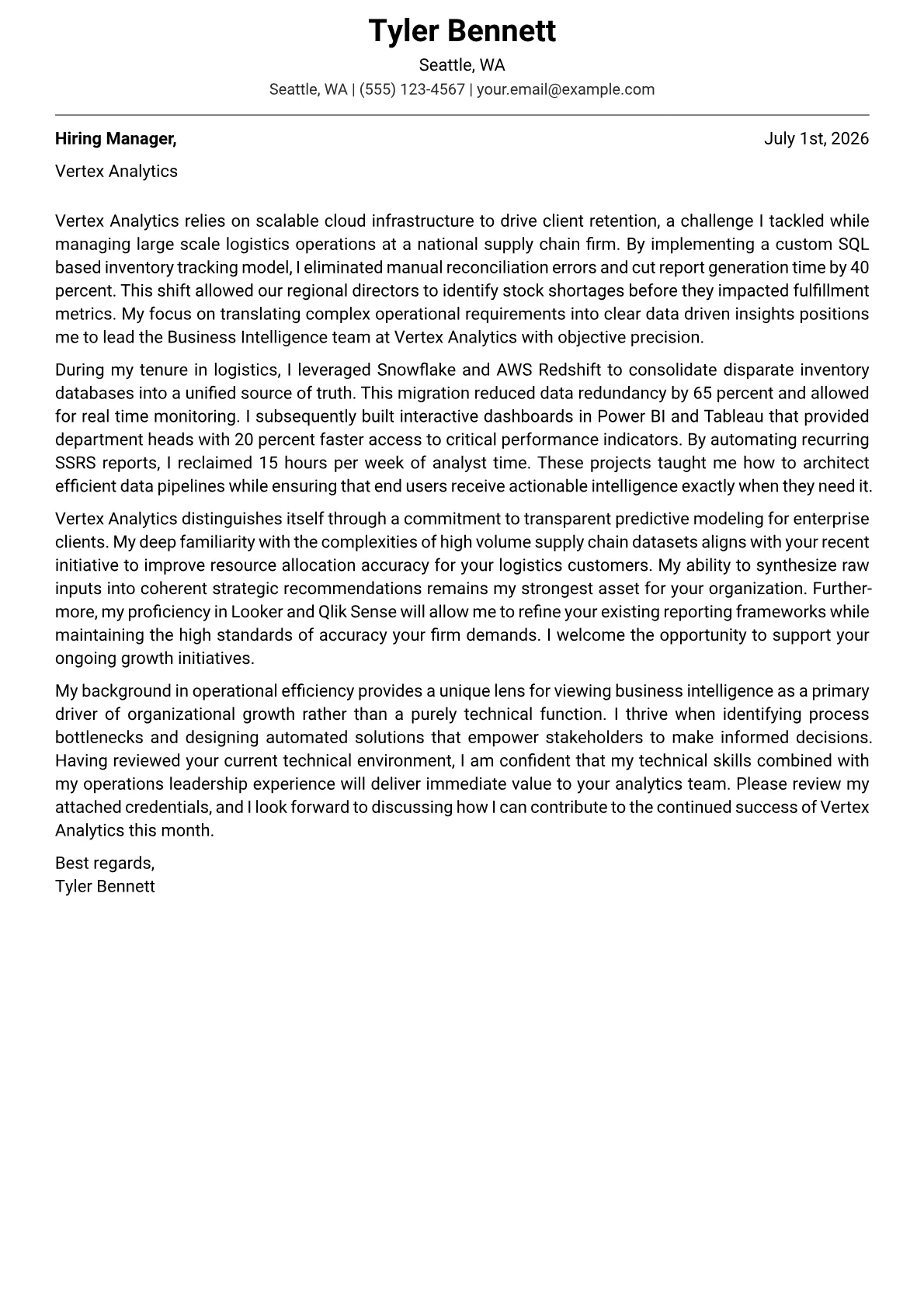 Business Intelligence Manager cover letter in the Modern design