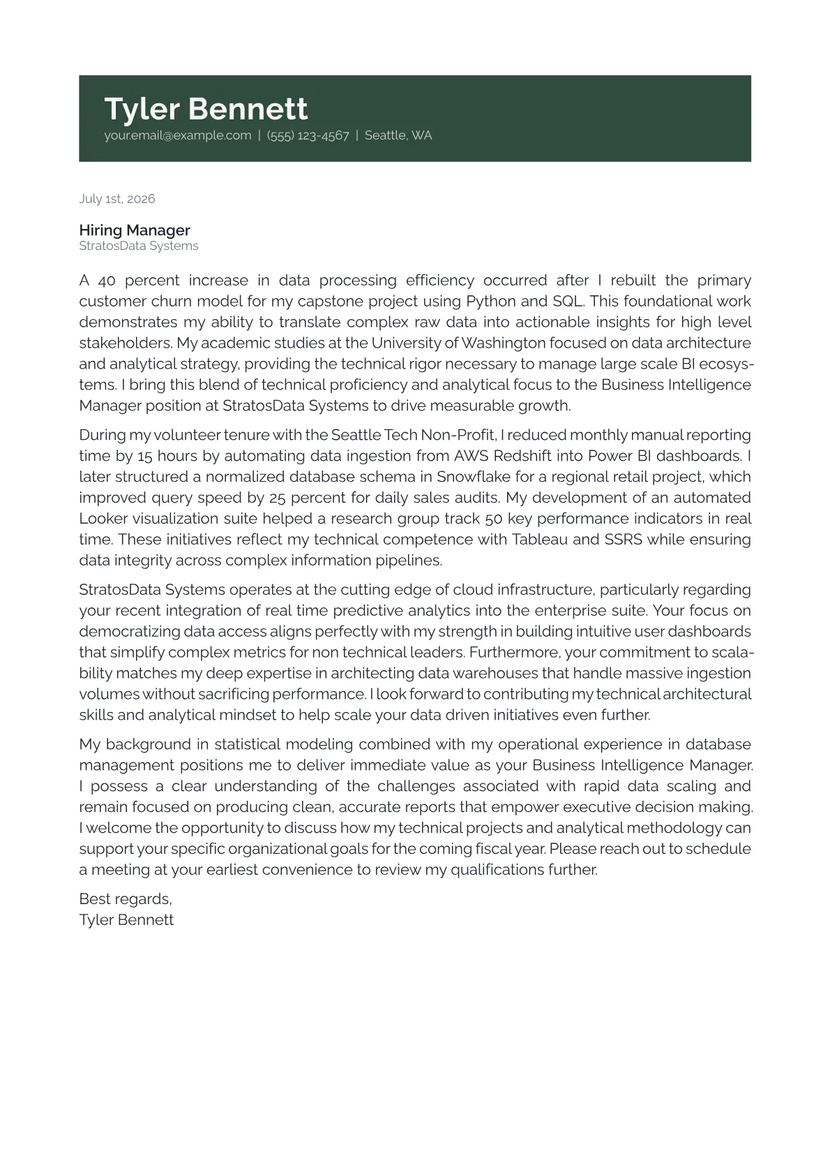 Business Intelligence Manager cover letter in the Banner design