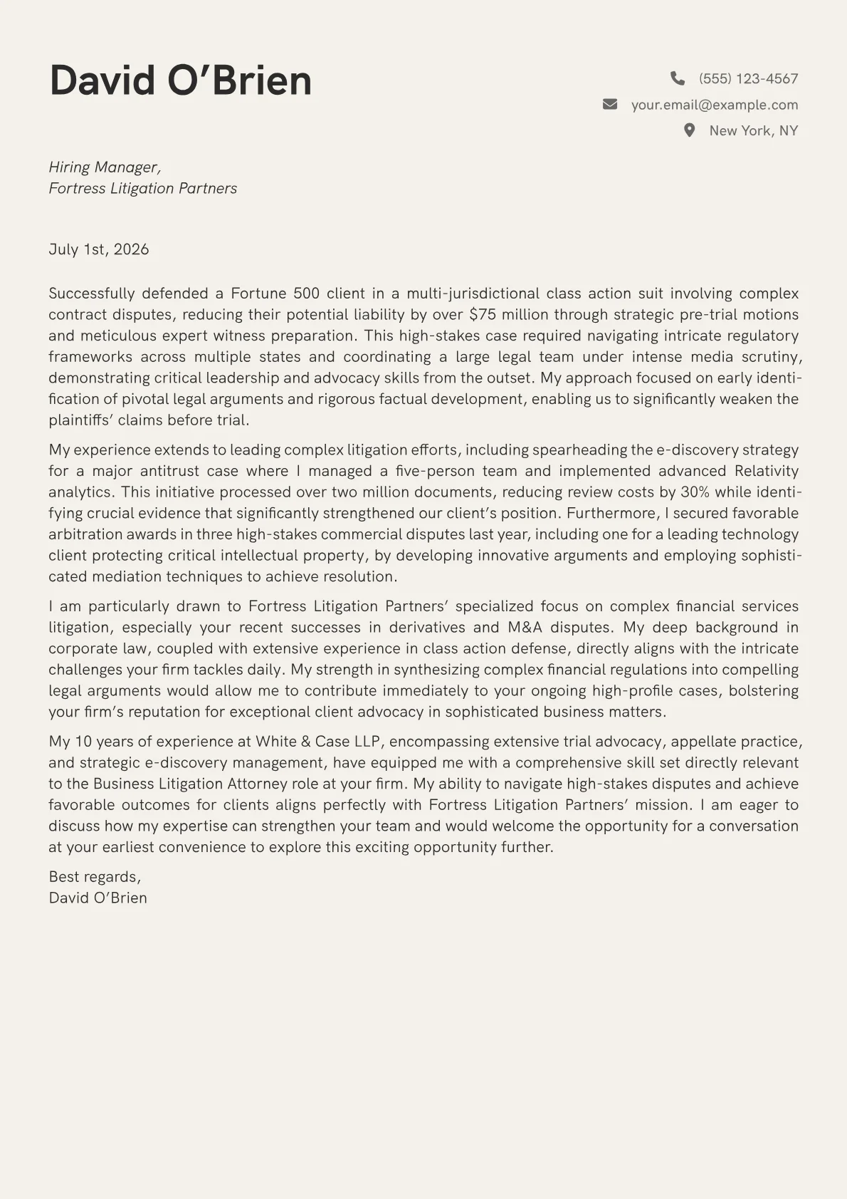 Business Litigation Attorney cover letter formatted with a JobSprout template