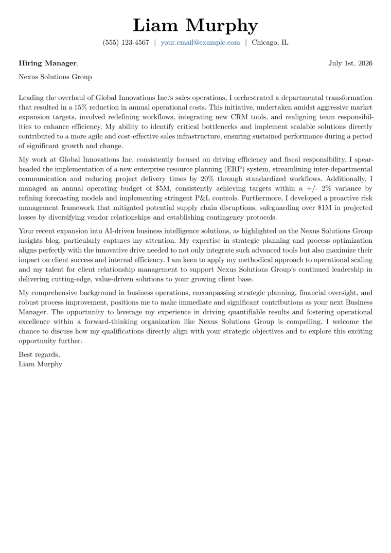 Business Manager Cover Letter Example