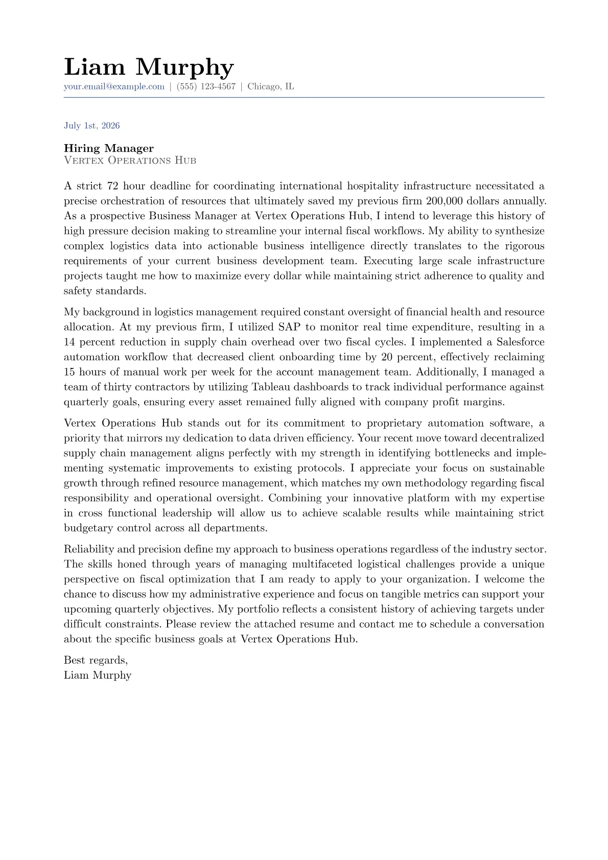 Business Manager cover letter in the Classic design