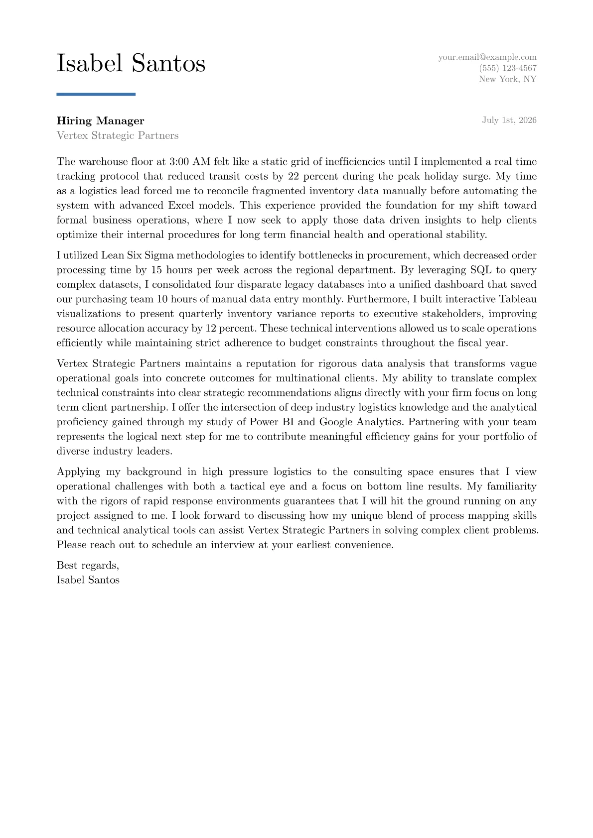 Business Operations Analyst cover letter in the Executive design