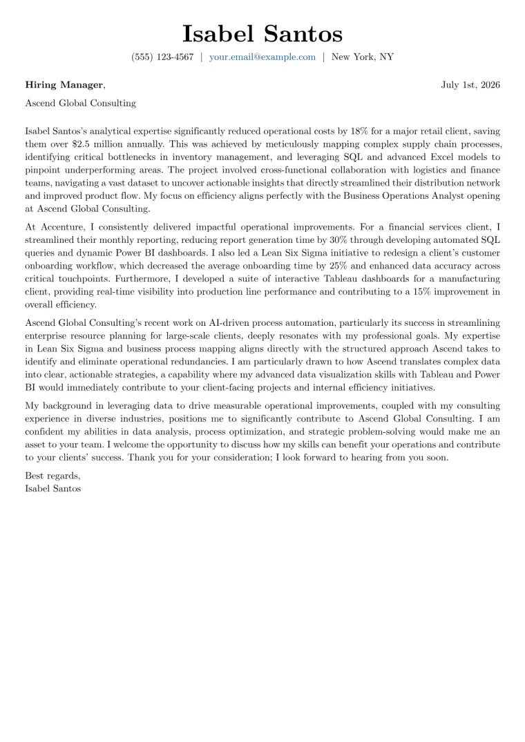 Business Operations Analyst cover letter example