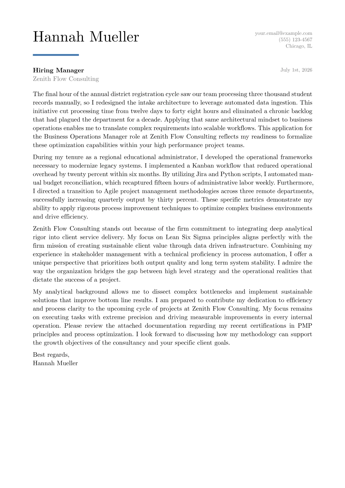 Business Operations Manager cover letter in the Executive design