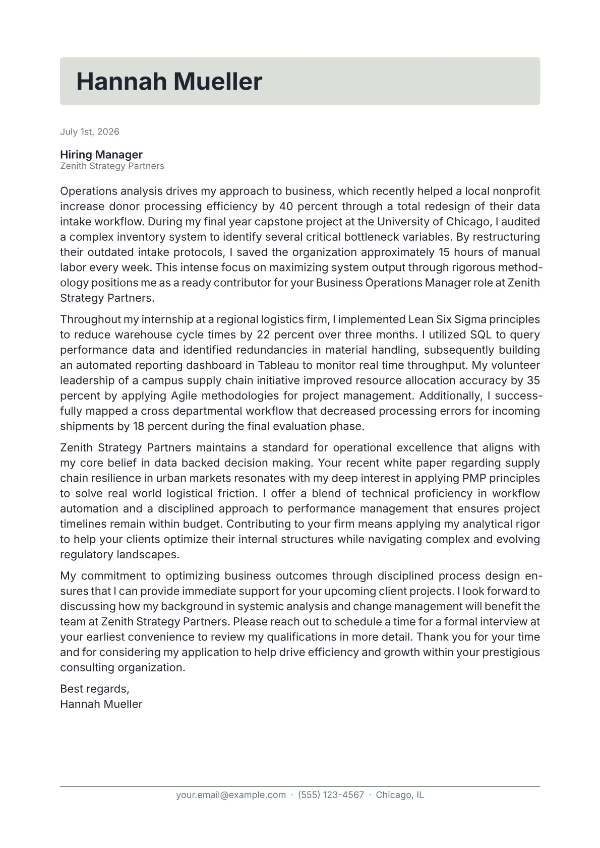 Business Operations Manager cover letter in the Letterhead design