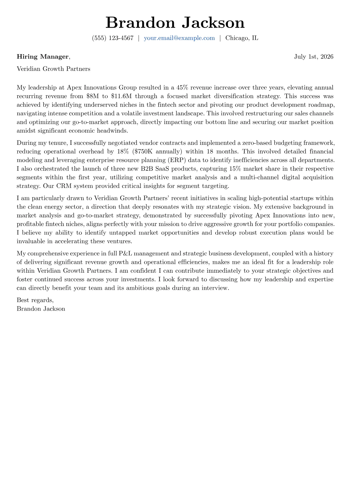 Business Owner cover letter formatted with a JobSprout template