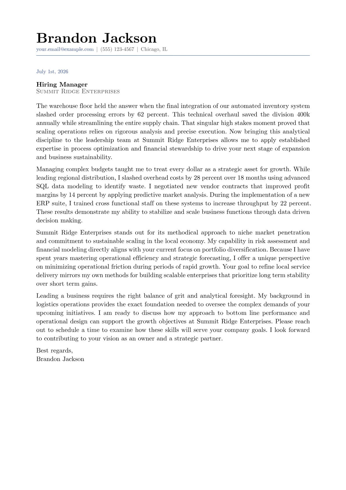 Business Owner cover letter in the Classic design