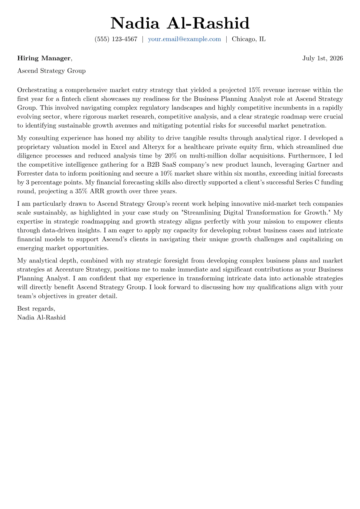 Business Planning Analyst cover letter formatted with a JobSprout template