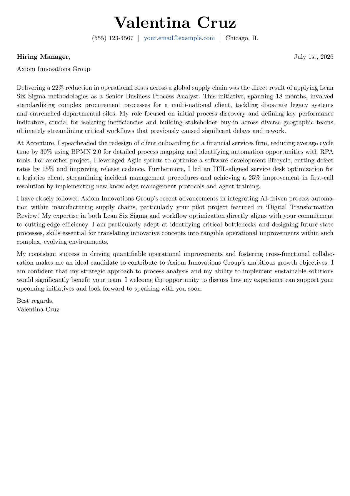 Business Process Analyst cover letter formatted with a JobSprout template