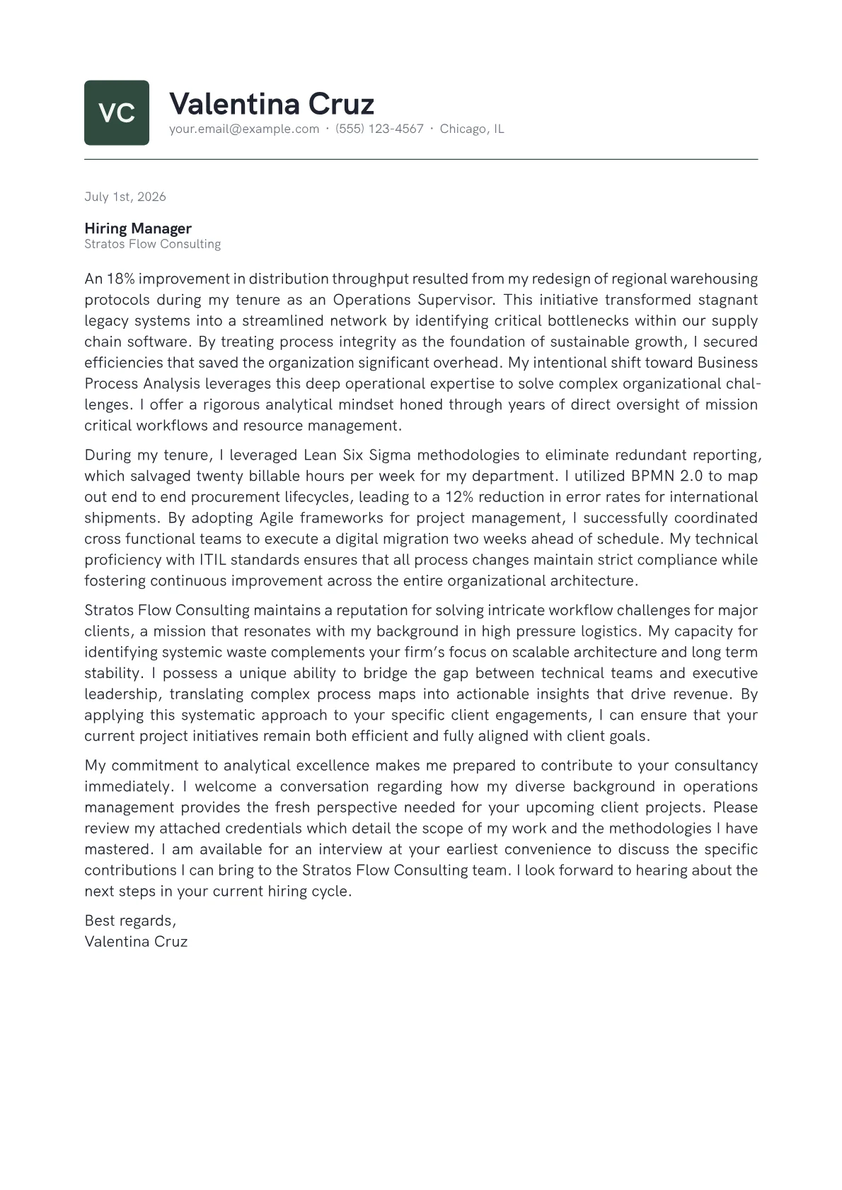 Business Process Analyst cover letter in the Emblem design