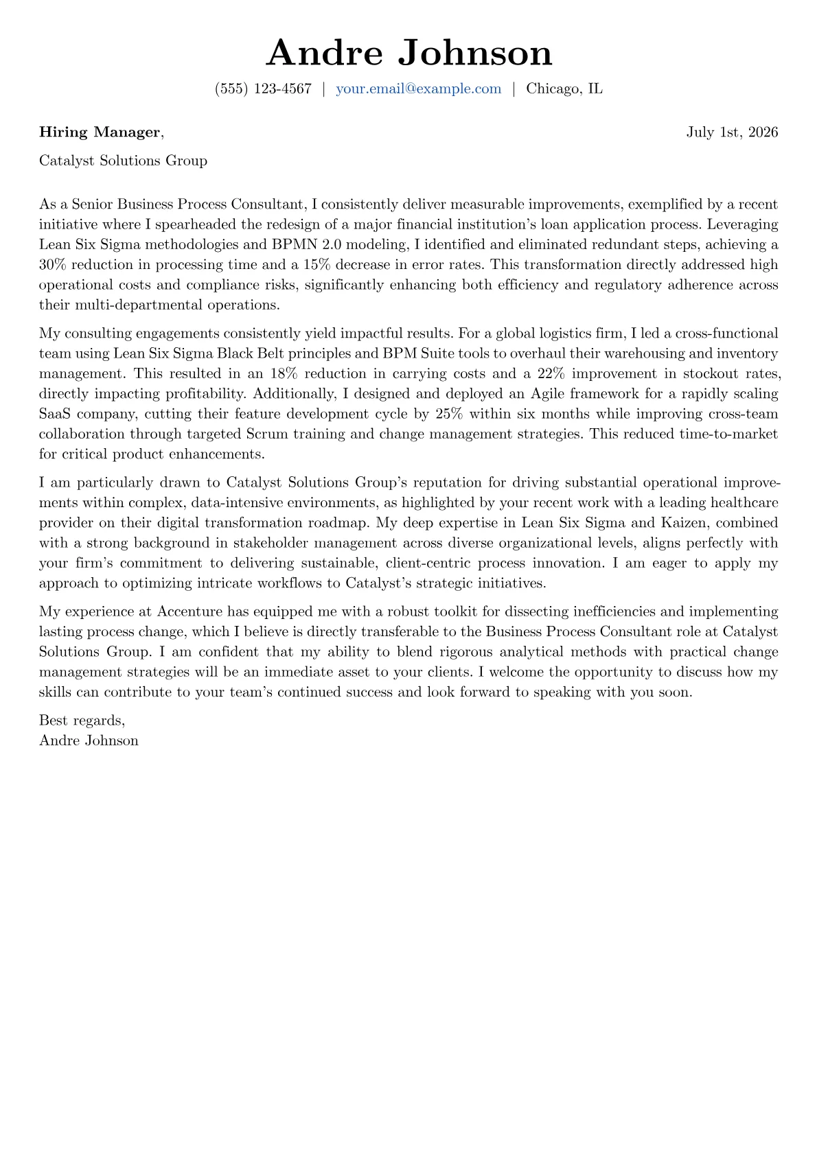 Business Process Consultant cover letter formatted with a JobSprout template