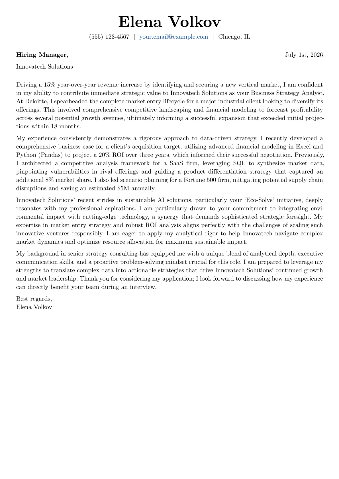 Business Strategy Analyst cover letter formatted with a JobSprout template