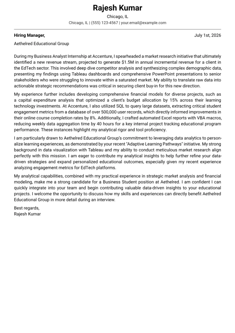 Business Student Cover Letter Example