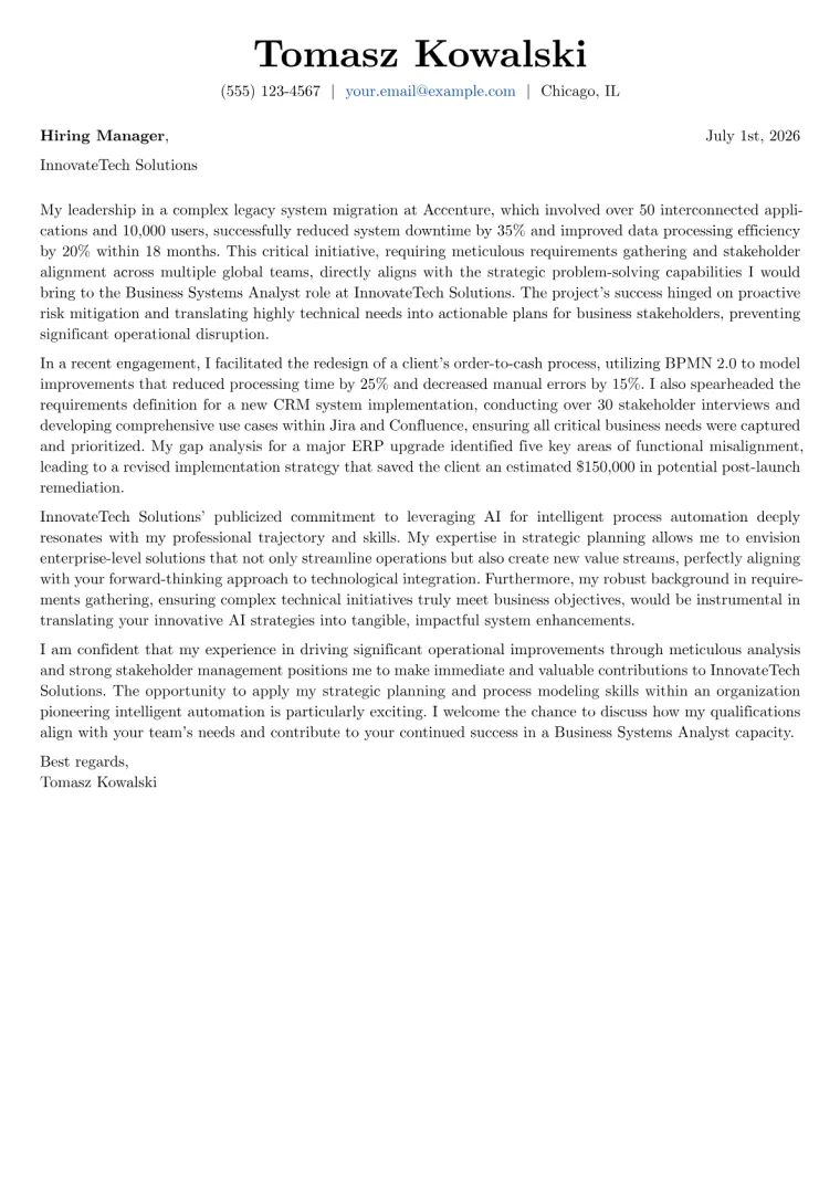 Business Systems Analyst Cover Letter Example