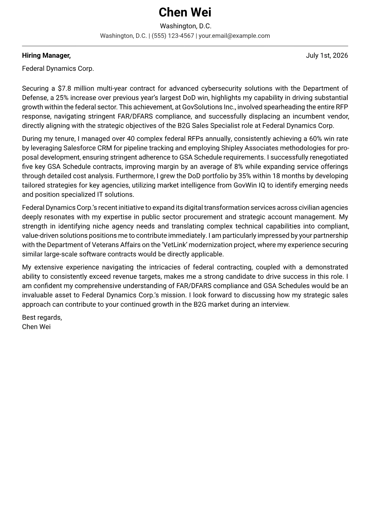 B2G Sales Specialist cover letter formatted with a JobSprout template