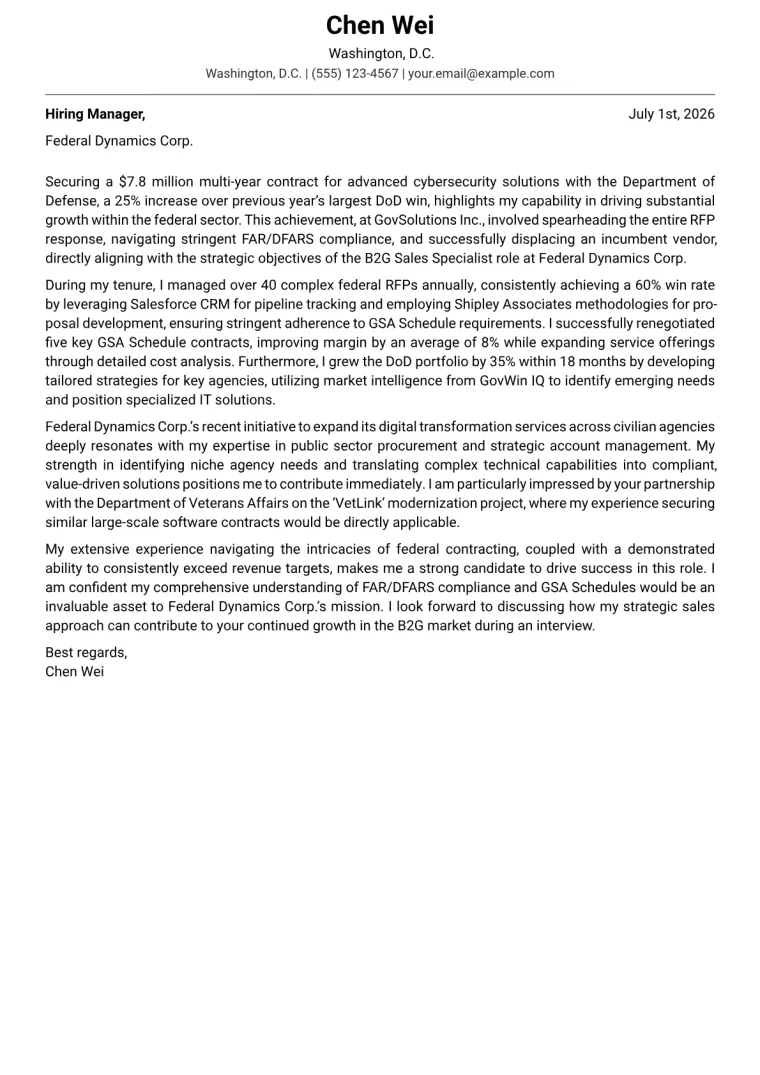 B2G Sales Specialist cover letter example preview