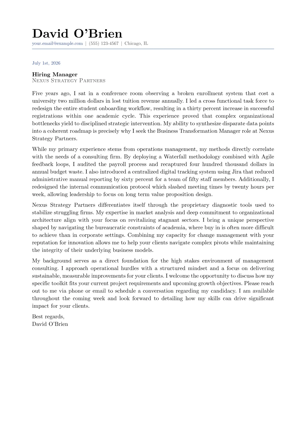Business Transformation Manager cover letter in the Classic design