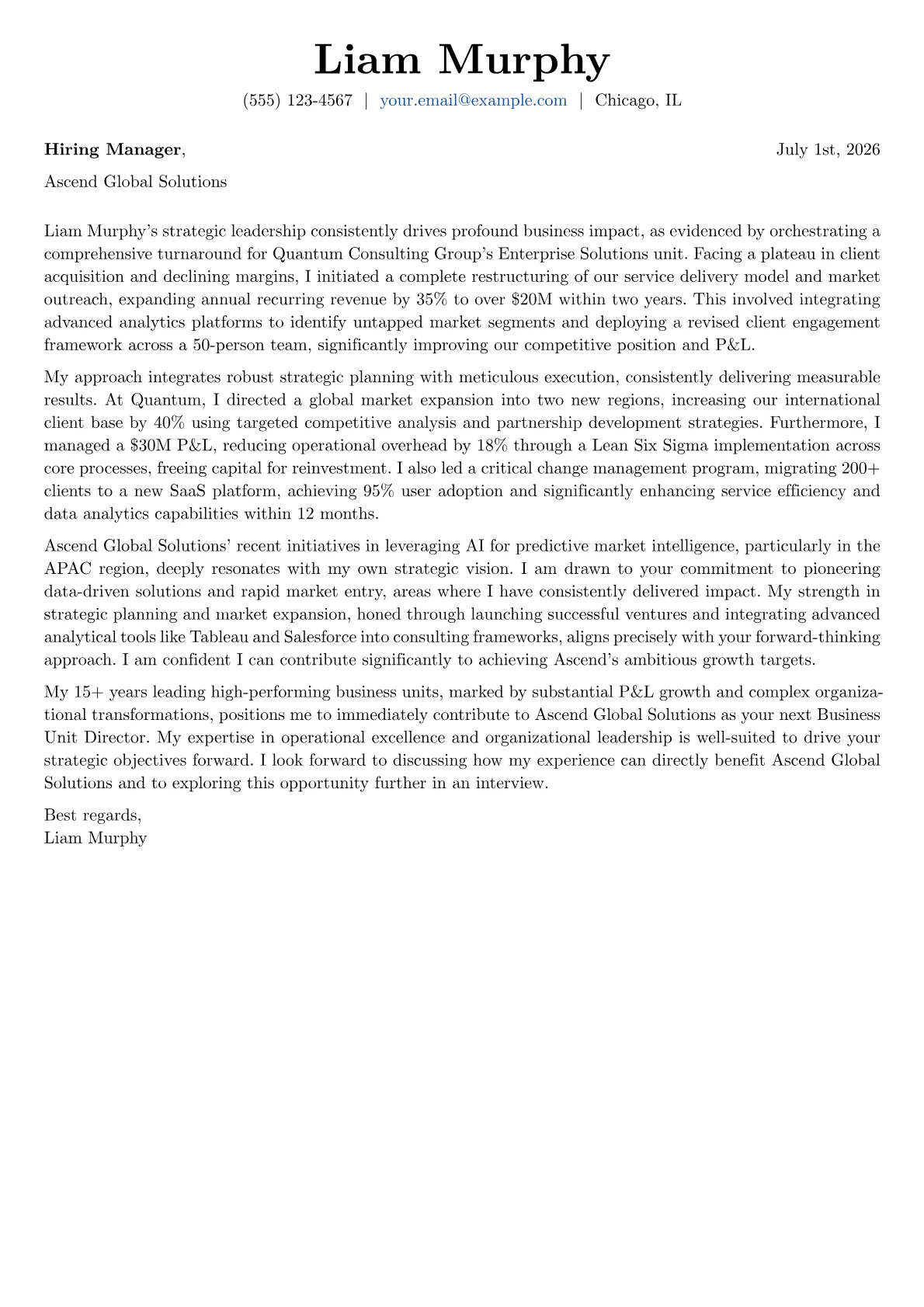 Business Unit Director cover letter formatted with a JobSprout template
