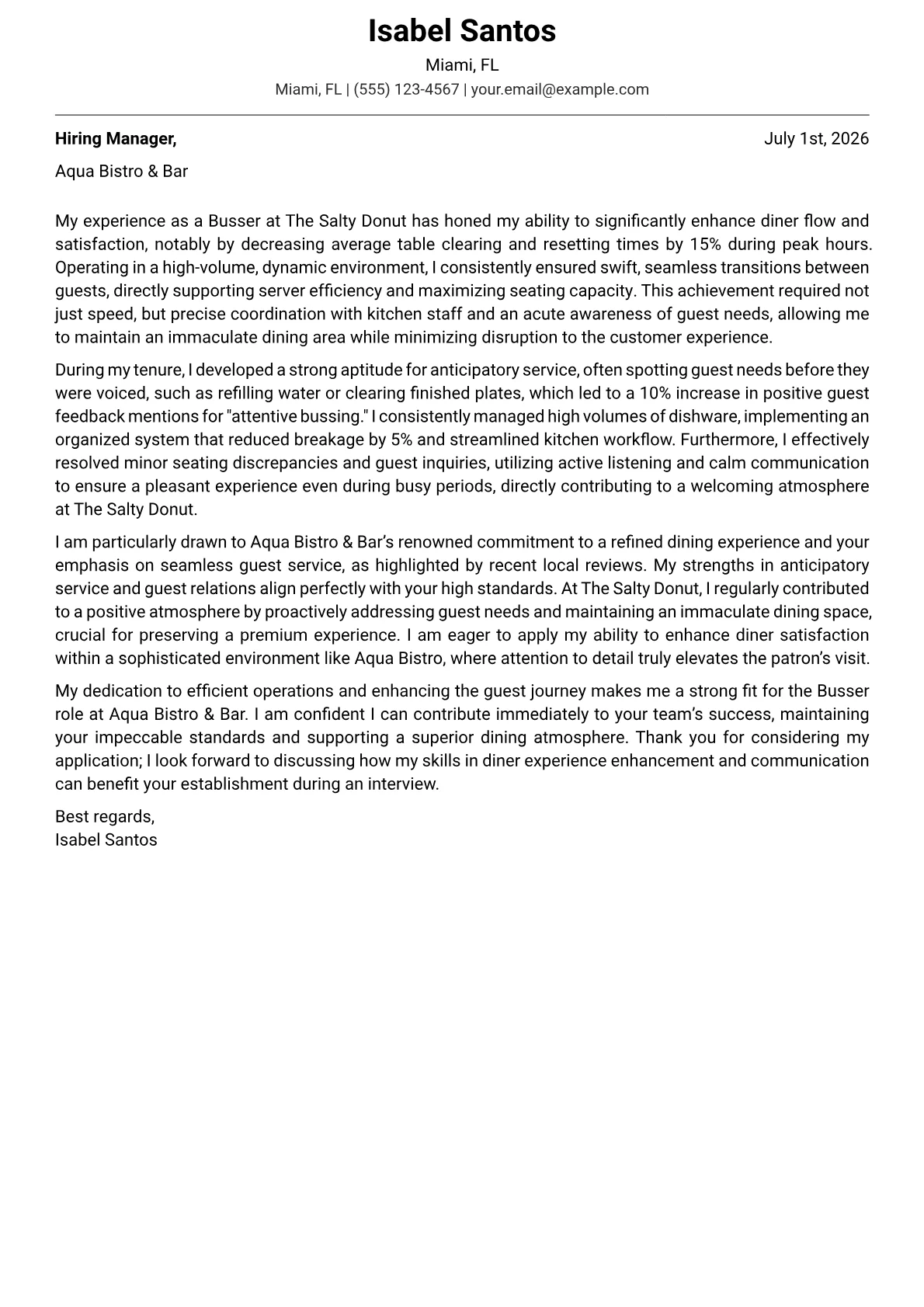 Busser cover letter formatted with a JobSprout template