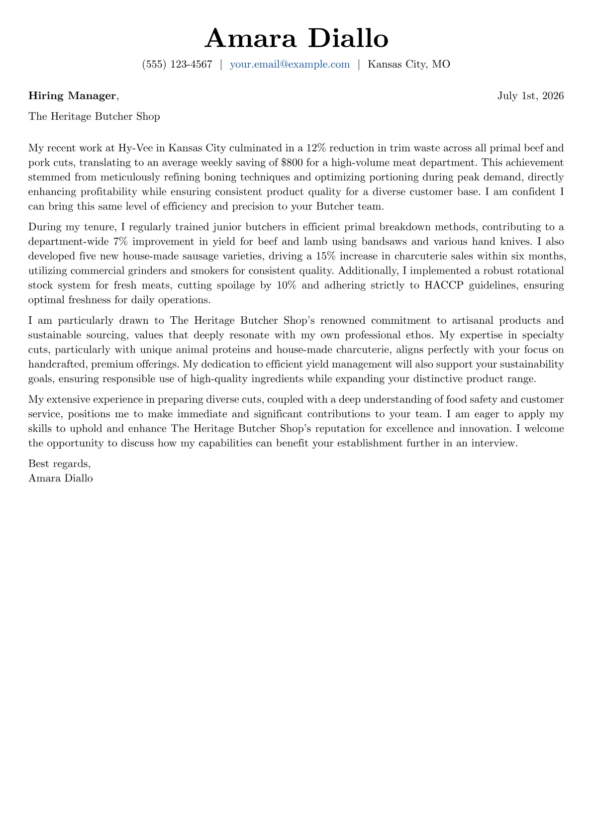 Butcher cover letter formatted with a JobSprout template