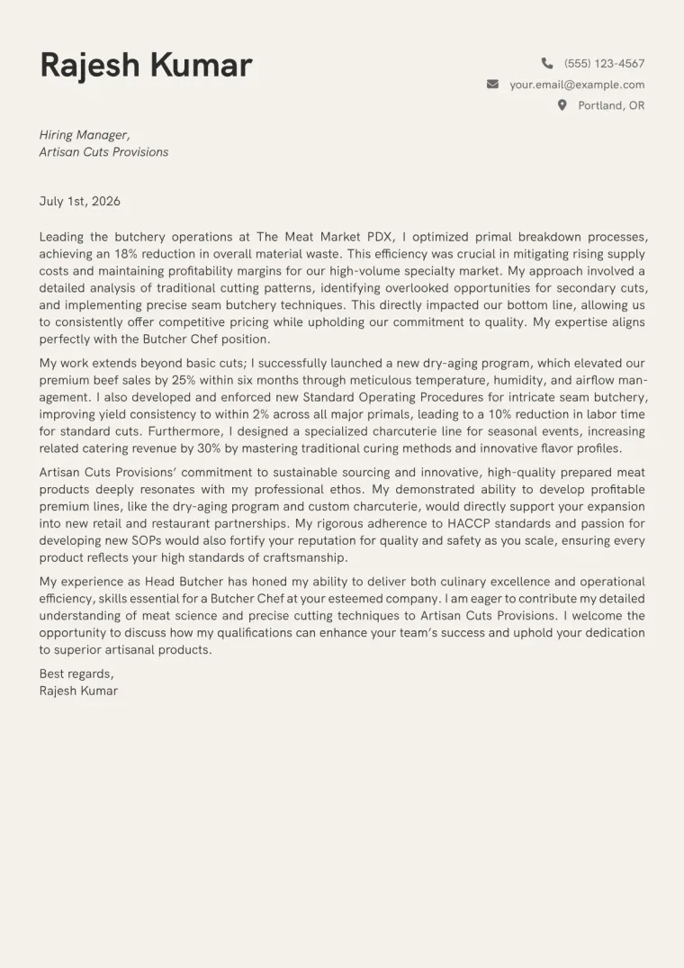 Butcher Chef cover letter example preview