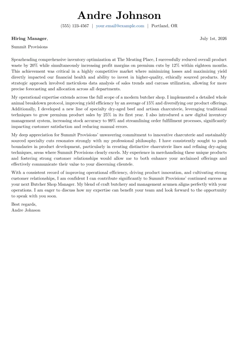 Butcher Shop Manager cover letter example preview