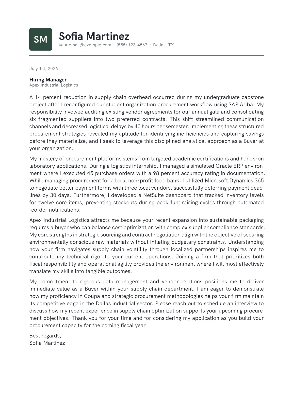 Buyer cover letter in the Emblem design