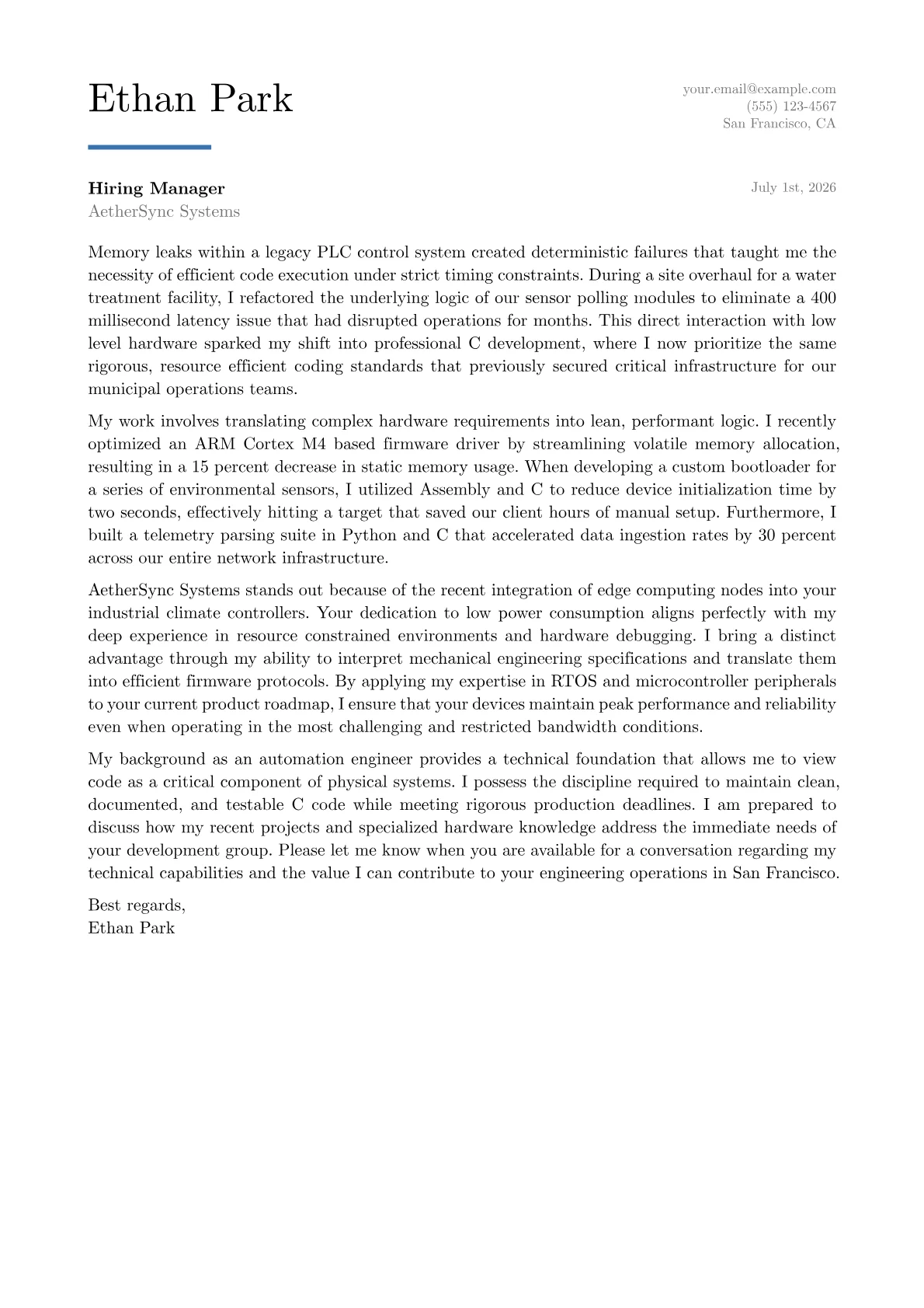 C Developer cover letter in the Executive design