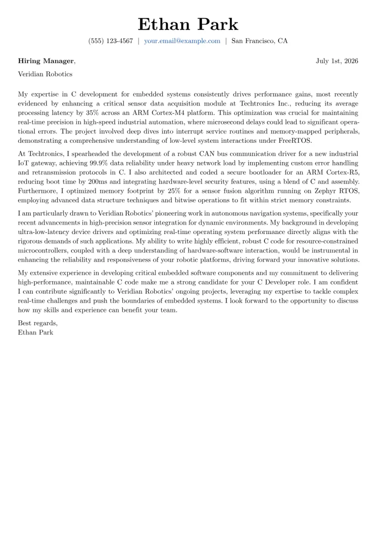 C Developer cover letter example