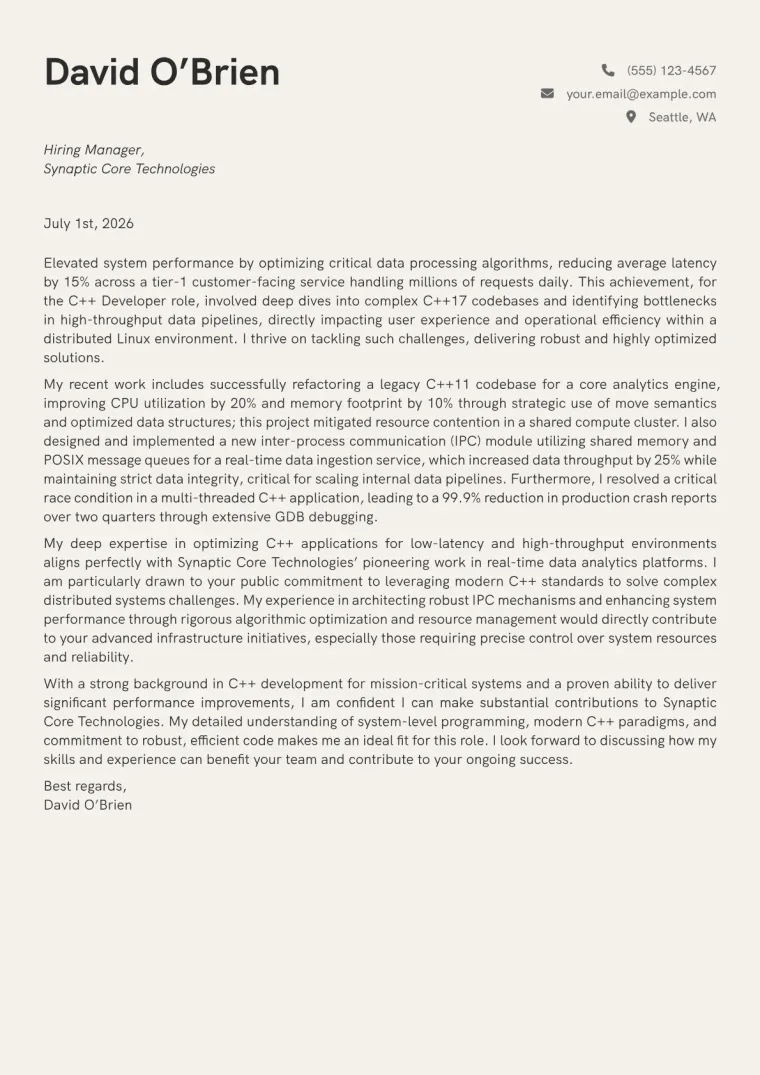 C++ Developer cover letter example preview