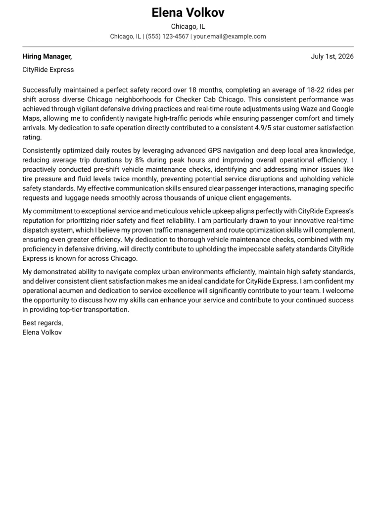 Cab Driver cover letter example preview
