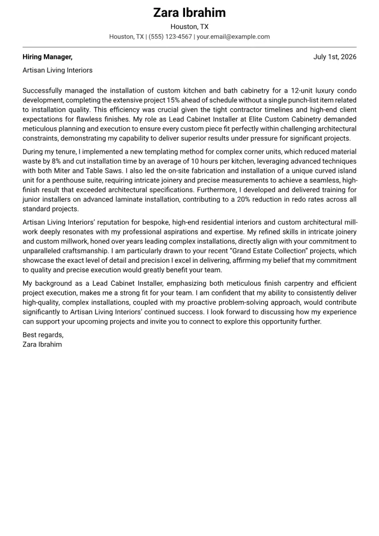 Cabinet Installer cover letter example preview