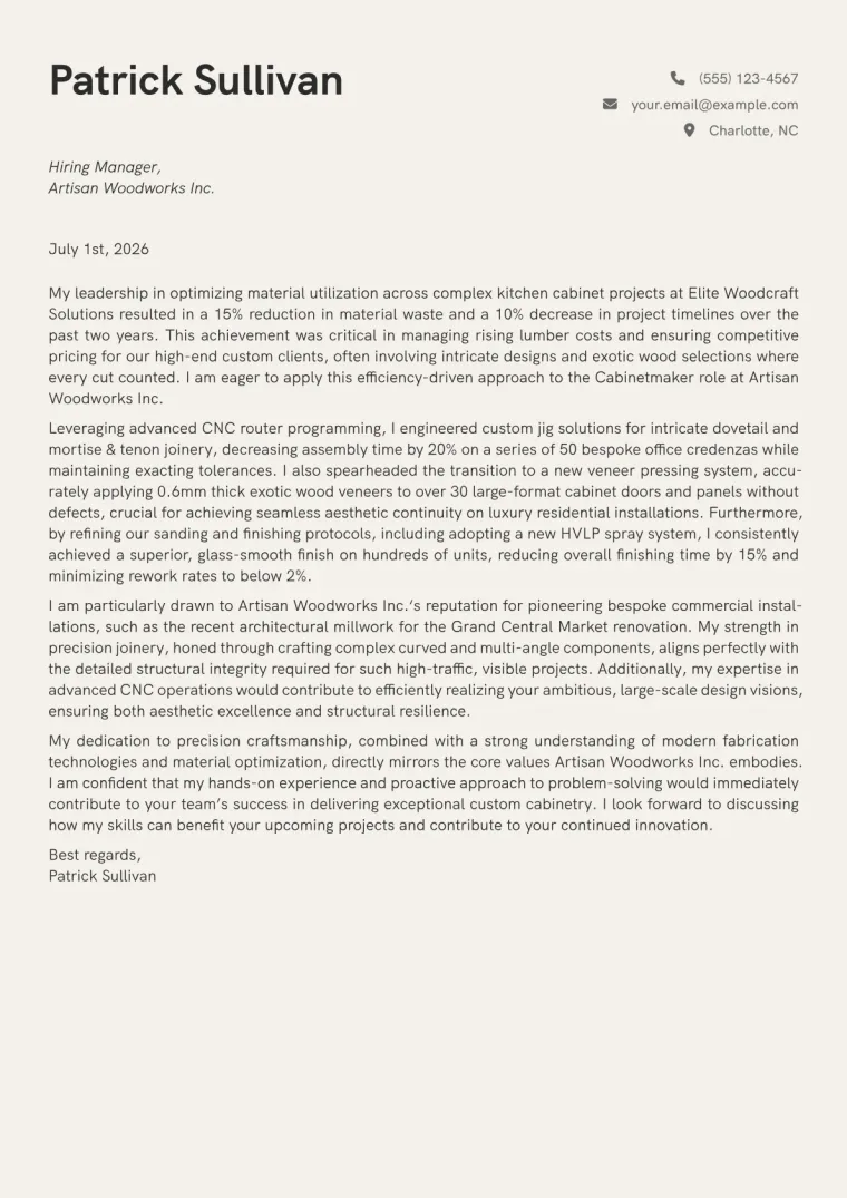 Cabinetmaker cover letter example preview