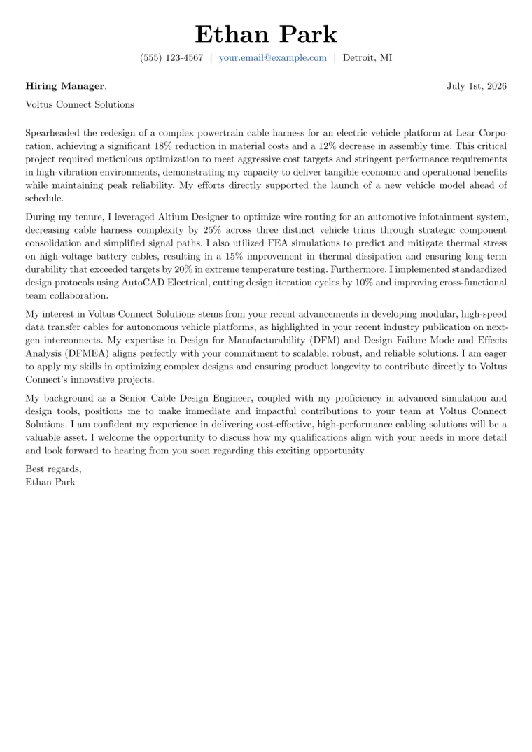Cable Design Engineer cover letter example preview